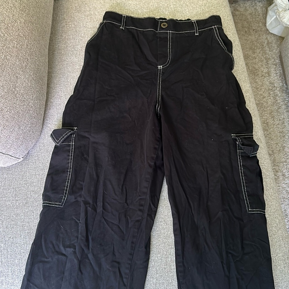 Black cargo pants white stitching